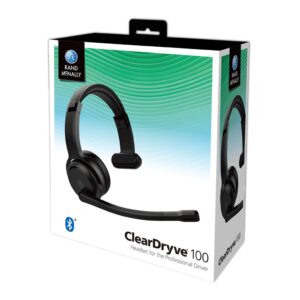 Rand McNally ClearDryve 100 Wireless Bluetooth Headset packaging, designed for professional drivers, featuring a sleek black design with Bluetooth connectivity.