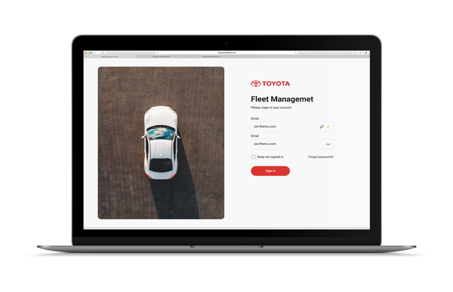 Toyota Fleet Management portal login screen on a laptop, showing a top-down image of a car and login fields for user access.