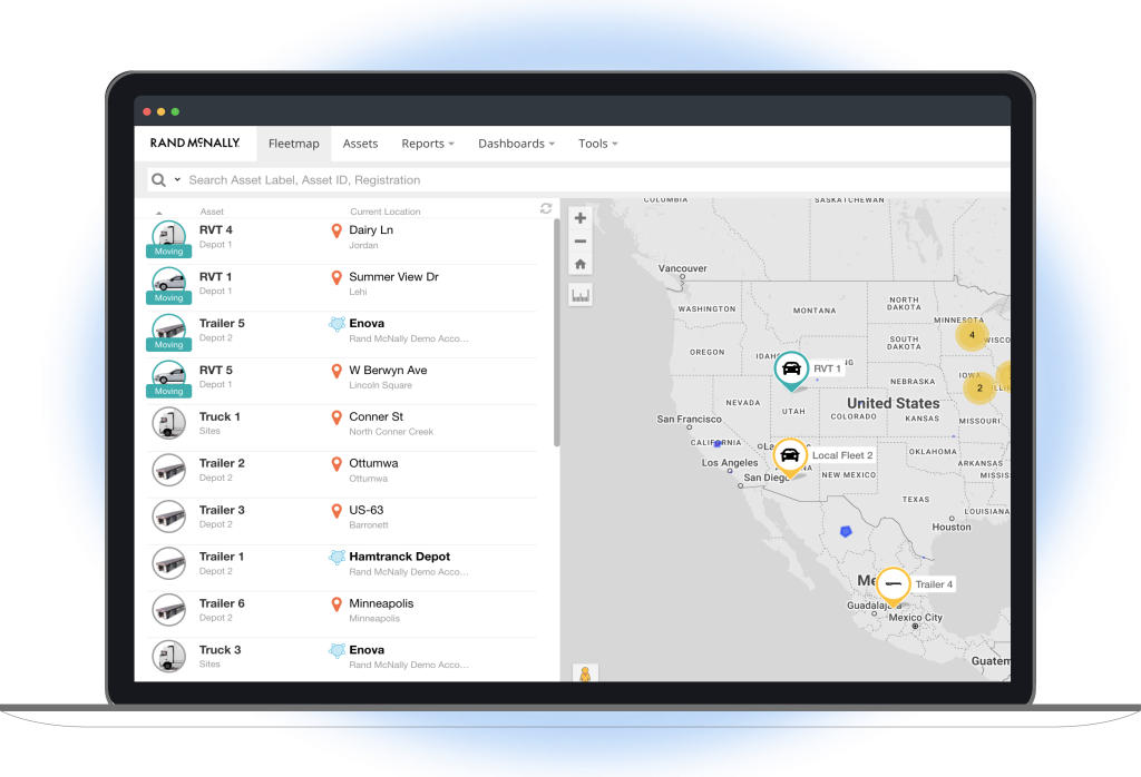 Rand McNally fleet management dashboard displayed on a laptop screen, showing a map of the United States with real-time locations and statuses of various assets, including trailers and vehicles, alongside a detailed asset list on the left panel.
