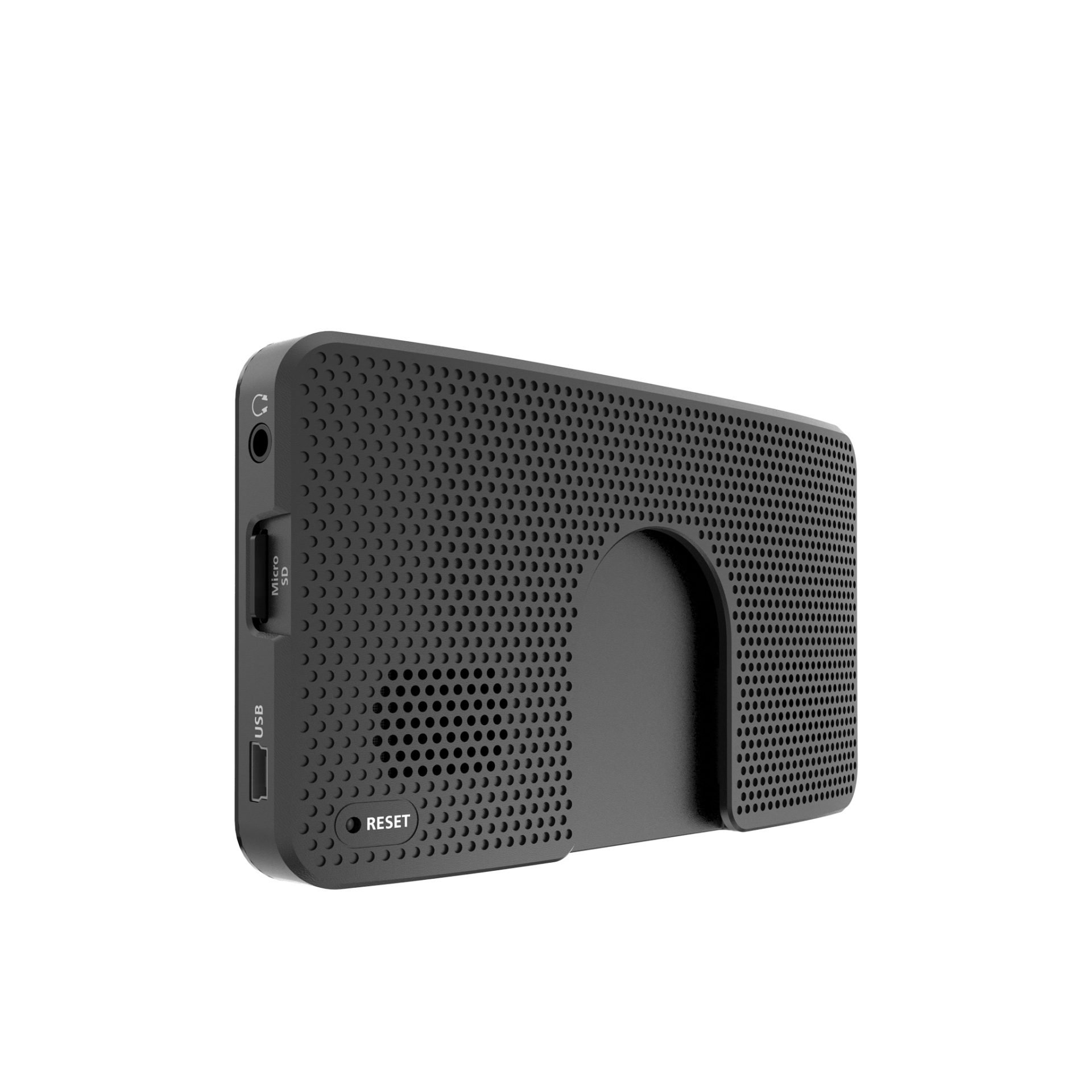 rand-mcnally-tnd-550-back-panel-view.jpg Back panel view of the Rand McNally TND 550 GPS device, featuring a perforated design for ventilation, a reset button, and visible USB and Micro SD slots for connectivity.