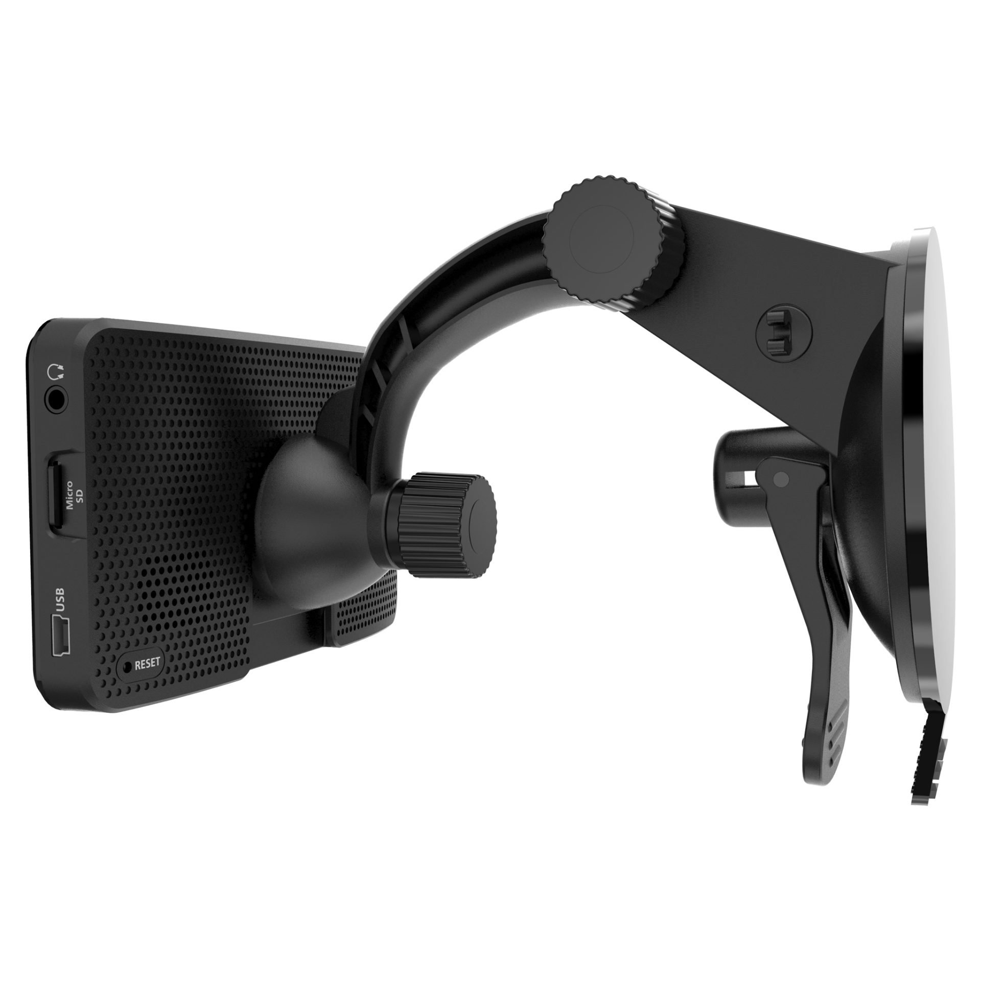 rand-mcnally-tnd-550-mounted-side-view.jpg Rand McNally TND 550 GPS device securely mounted on a suction cup arm, showcasing side ports including USB and Micro SD slots for added connectivity options.