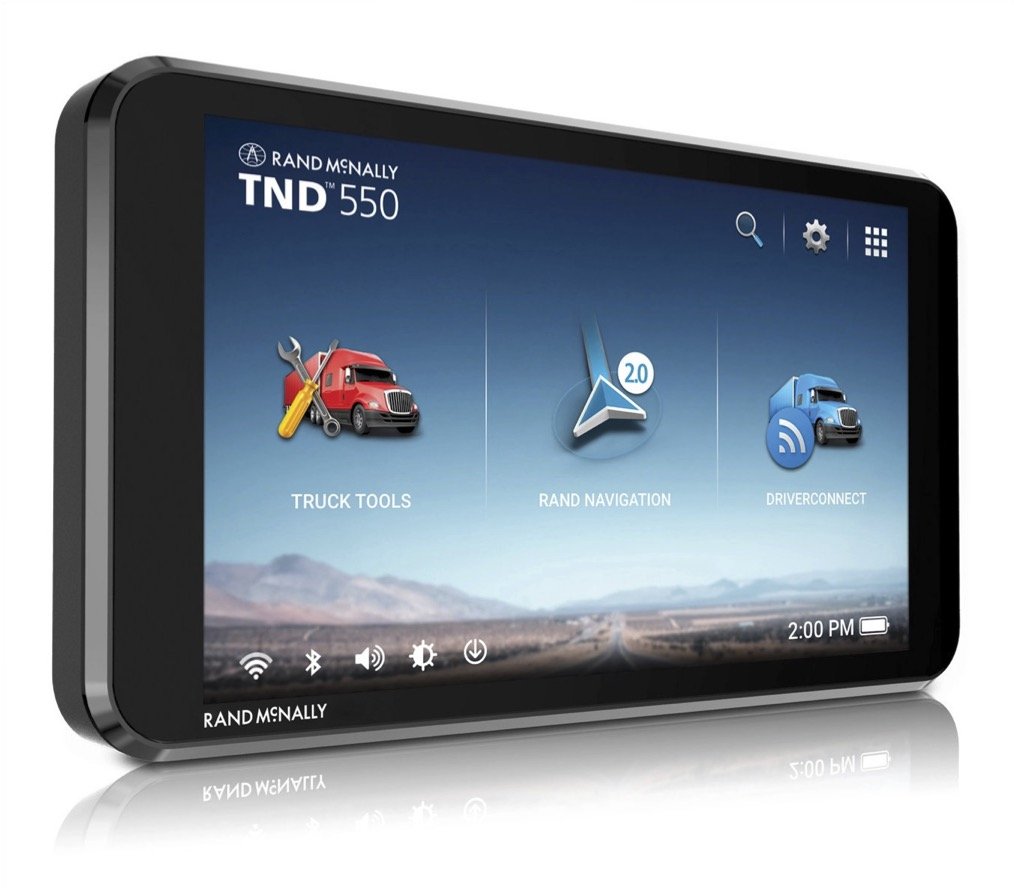 rand-mcnally-tnd-550-navigation-gps-side-view.jpg Rand McNally TND 550 GPS displayed in a sleek side view, highlighting its truck tools, navigation features, and DriverConnect functionality on a vibrant screen.