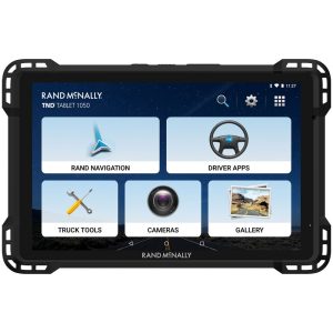 Rand McNally TND 1050 Truck GPS Tablet displaying driver apps, truck tools, cameras, and gallery options