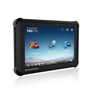 Rand McNally TND 750 Guard truck GPS displaying truck tools, Rand Navigation 2.0, and DriverConnect features on the home screen.
