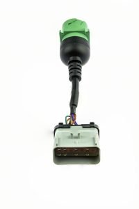 close-up view of vehicle link cable with 14-pin to 9-pin connectors