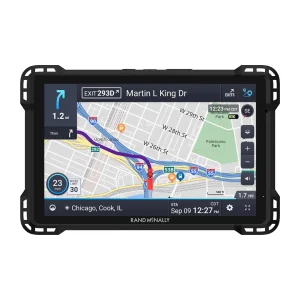 Rand McNally TND 1050 Truck GPS Tablet showing Chicago map and navigation route