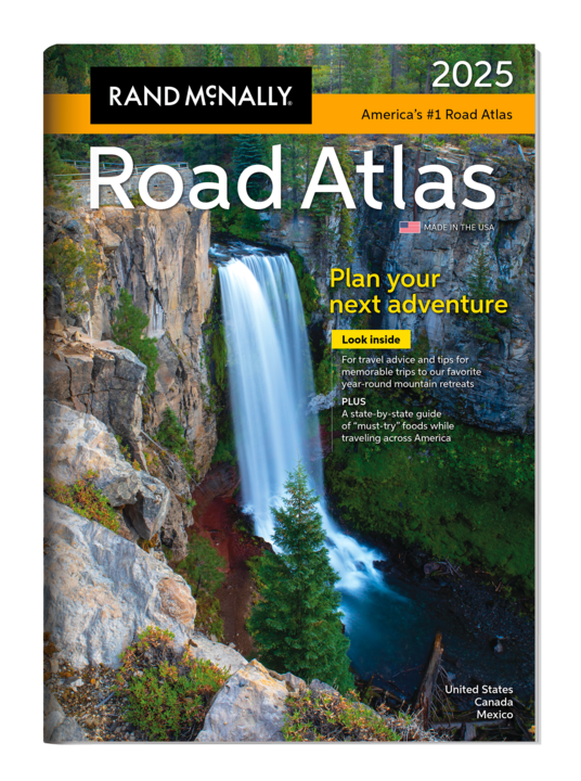 cover of Rand McNally 2025 Road Atlas featuring waterfall and scenic landscape
