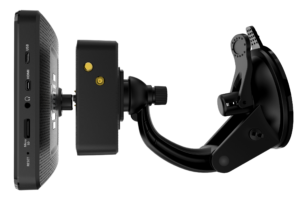 Side view of the Rand McNally OverDryve 8 Pro II truck GPS tablet with mount and connectivity ports.