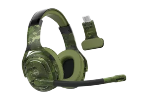 Rand McNally ClearDryve 220 Convertible Bluetooth Wireless Headphones - Certified Refurbished in Woodlands camo, shown with detachable earpiece and flexible boom mic for versatile use.