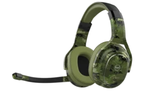 Rand McNally ClearDryve 220 Convertible Wireless Bluetooth Headphones - Certified Refurbished with Woodlands camo design, featuring an adjustable headband and flexible boom mic for outdoor-ready use.