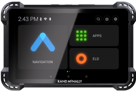8-inch tablet front view displaying the launcher interface with navigation, apps, and ELD options on the screen.