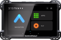 GPS navigation dashboard display showing navigation, apps, and ELD options with a digital clock at the top of the screen.