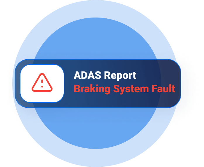 Warning icon with text stating 'ADAS Report: Braking System Fault' displayed in a blue and red alert box with circular background design.