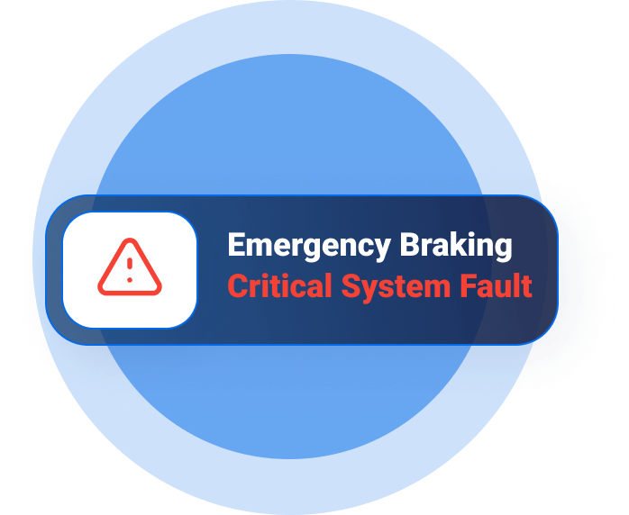 Warning icon with text indicating 'Emergency Braking: Critical System Fault' displayed in a blue and red alert box with circular background design.